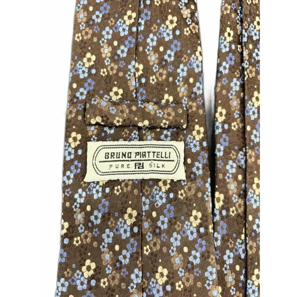 Bruno Piattelli Pure Silk Floral Tie – Brown with Blue & Cream Flowers